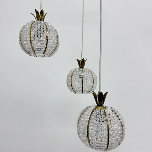 Zeldzame ananas design cascade hanglamp met 3 bollen van Emil Stejnar, jaren 50