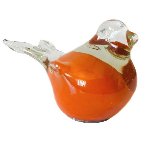Image 1 of Presse-papier en verre soufflé à la bouche, petit oiseau de style Murano, figurine d'oiseau orange des années 1980