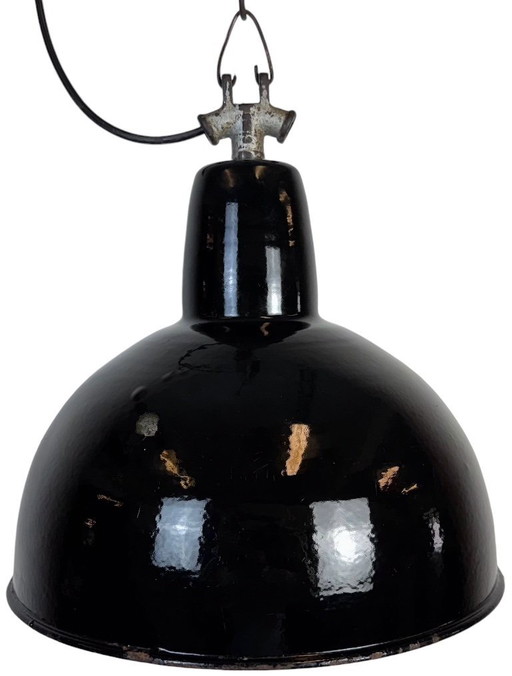 Industrial Black Enamel Factory Lamp with Cast Iron Top, 1950s