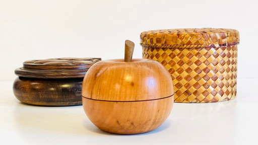3 boites bois et paille vintage