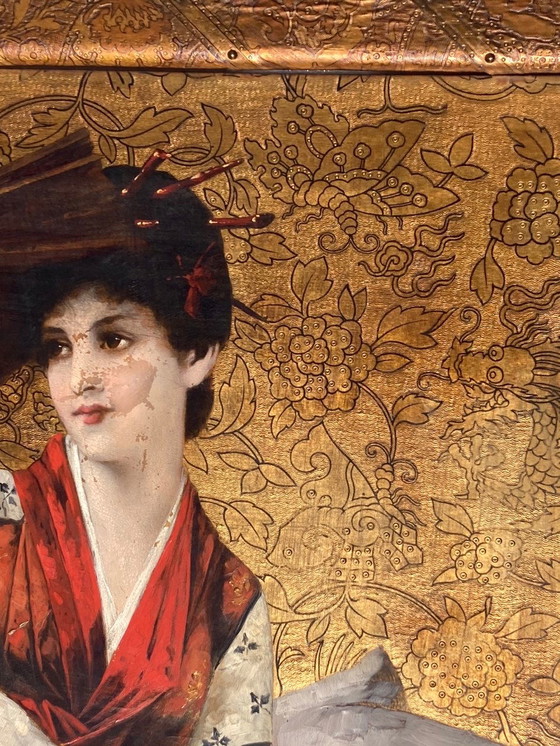 Image 1 of Peinture Art Nouveau sur cuir gaufré par Conrad Kiesel