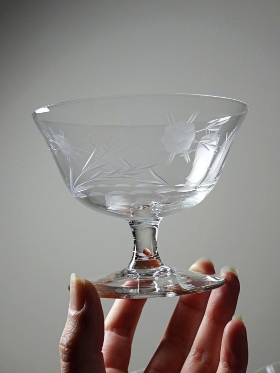 Image 1 of 8 Champagne coupes, wheel-engraved glass with vegetal decoration, Bohemia, early 20th century