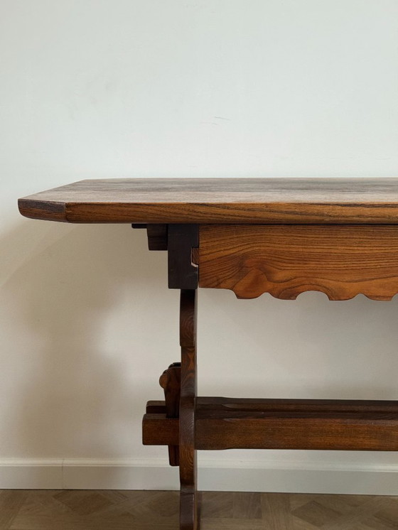 Image 1 of Antique German / Alpine Trestle Table With Drawer