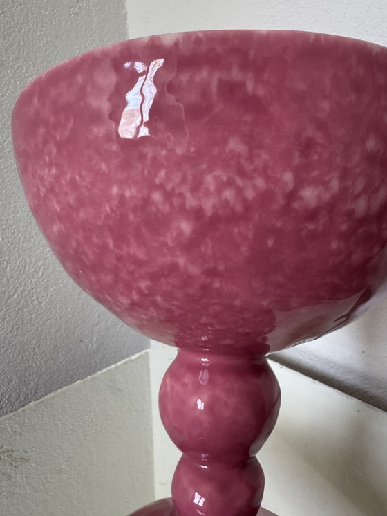 Image 1 of Grande coupe sur pied faïence Digoin rose