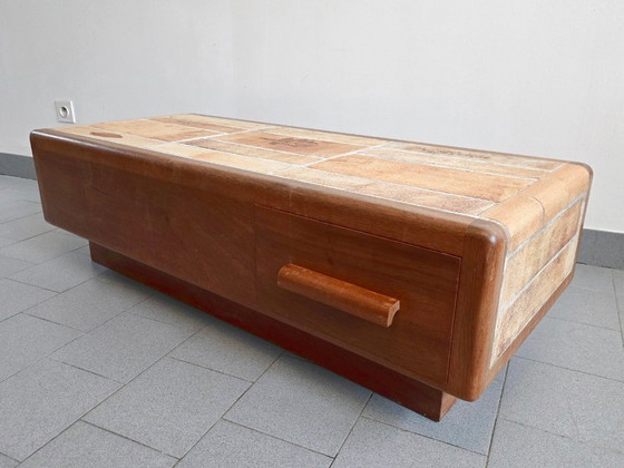 Image 1 of Vintage 1970s Ceramic Coffee Table with Solid Oak Top and 3 Drawers, DLG Capron