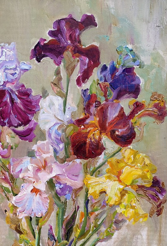 Origineel Olieverfschilderij Stilleven Bloemen Boeket Irissen – Schilderijen & Tekeningen, Canvas (photo 3 of 5)
