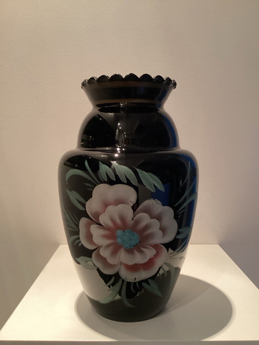 Vintage Booms Glas Vase mit handgemaltem Blumendekor - 30 cm - De Rupel 1930er/50er Jahre