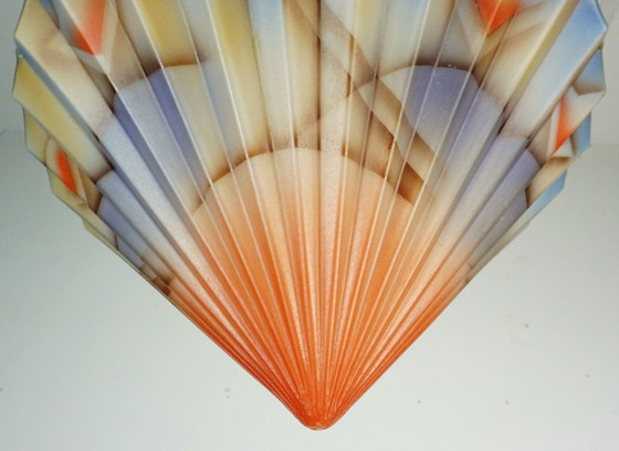 Image 1 of Art déco glazen hanglamp met airbrush spritzdekor, geplooide vorm, avant-gardistisch design uit de jaren 1920-1930.