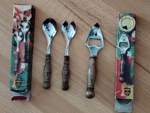 WMF Burgundy salad servers and bottle opener/cap lifter, retro, vintage, wooden handles