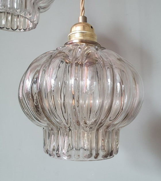 Image 1 of Set of two vintage floral pendant lamps in lantern shape. Mid Century