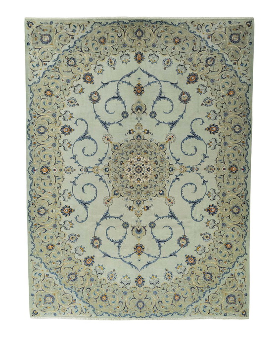 Image 1 of Hand-knotted Keshan Rug In Pistachio Green - 424 X 319 Cm