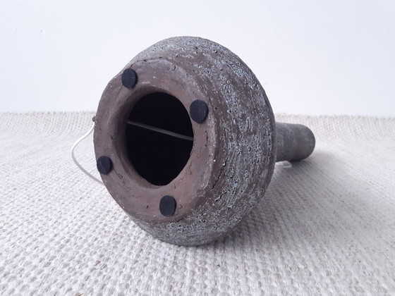 Image 1 of Vintage brutalist vloerlamp, bruin met turquoise lampvoet van chamotte klei met nieuwe handgemaakte lampenkap
