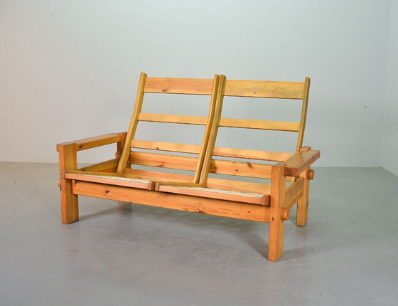 Image 1 of Yngve Ekstrom Mid-Century Scandinavian Design 2-Seat ‘Dymling’ Sofa in Pinewood and Rainbow Fabric for Swedese. Sweden, 1970s.