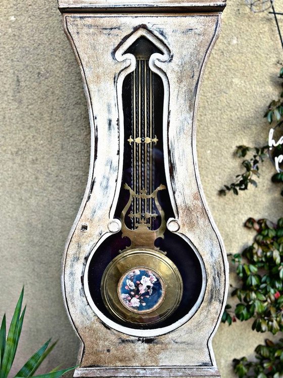 Patinated Antique Comtoise Clock, Bohemian & Vintage Charm, Wood, Creme (photo 9 of 14)