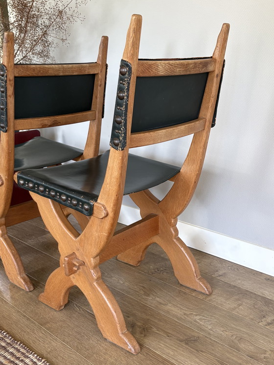 Image 1 of Vintage set of Bram Sprij chairs oak & leather brutalist style