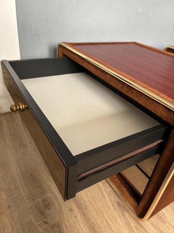 Ruf International Nightstands, Pair Mirrored Bedside Tables 1970s, Wood, Velvet, Brown (photo 4 of 8)