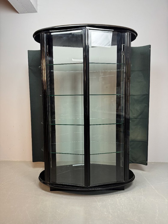 Image 1 of Rare Mid-Century Italian Design Glass Display Cabinet with White Leather Doors in Black Wooden Frame by Rossi di Albizatte. 