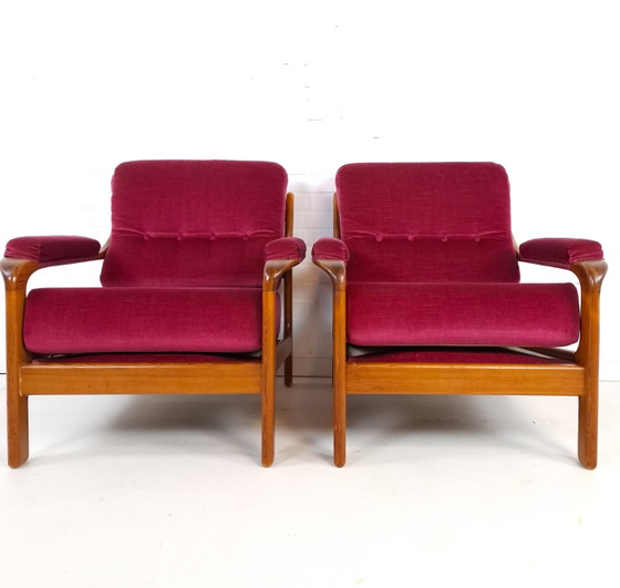 Image 1 of 2 poltrone vintage di design danese anni '70 in legno e velluto rosa