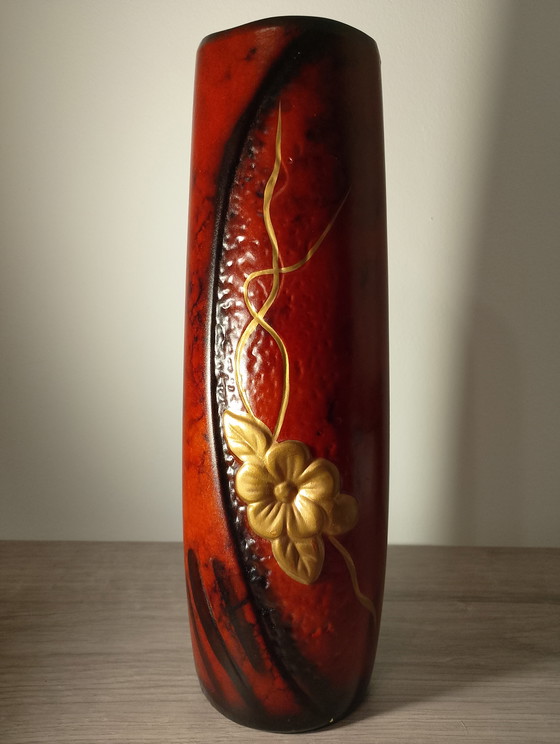 Image 1 of Large porcelain vase, fat lava, West Germany, oxblood red or gold, wavy neck, crystalline sound