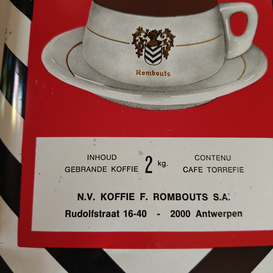 Image 1 of Barattolo di latta vintage per caffè Rombouts – Design grafico in bianco e nero – Latta pubblicitaria belga