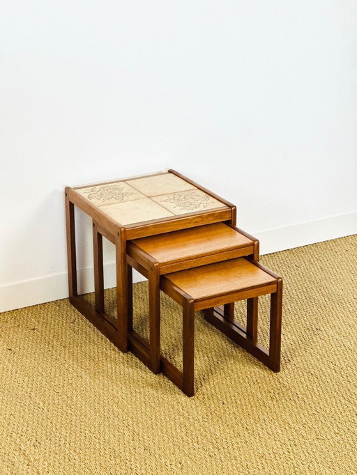 Set of 3 vintage nesting coffee tables in teak and ceramic, 1960