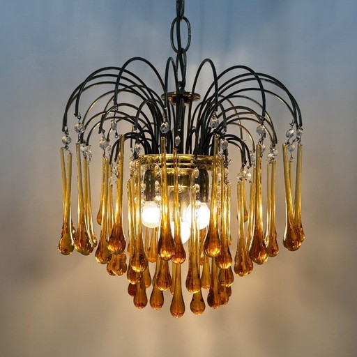 Mid- century design murano amber glass tear drop chandelier , 1970s