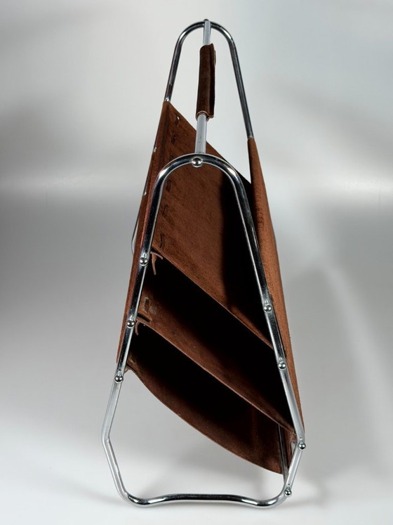 Image 1 of 1960s/70s Newspaper Holder/Magazine Stand, Metal/Leather, Mid-Century Design
