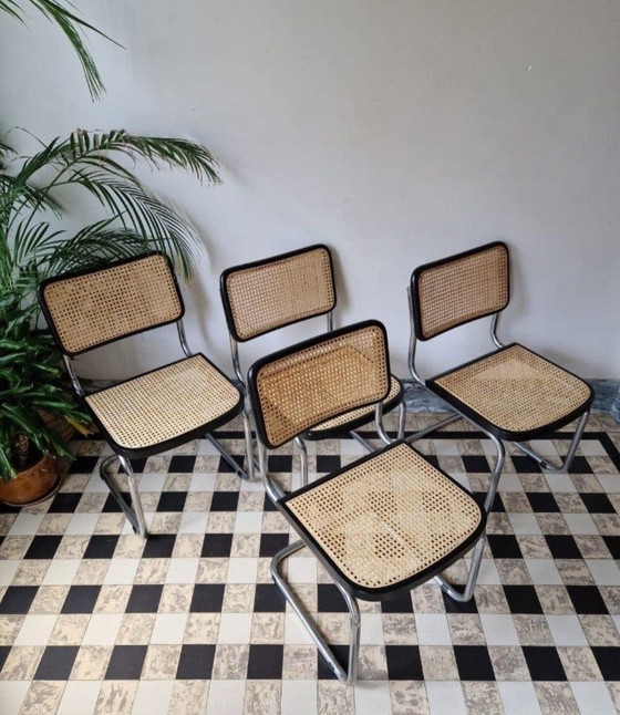 4 stoelen Marcel Breuer, sesca, Eetkamerstoelen, Rotan, Hout, Beige (foto 4 van 7)