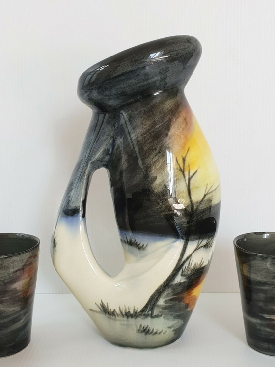 Image 1 of ENSEMBLE 1950 PLATEAU CARAFE & VERRES VINTAGE CERAMIQUE MONACO MONACERA 50S 50'S