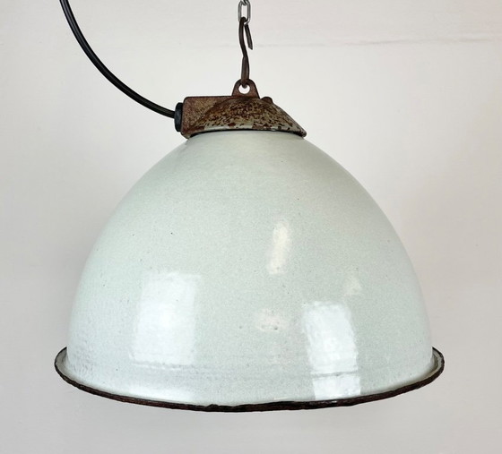 Image 1 of Industrial White Enamel Factory Lamp with Cast Iron Top, 1960s