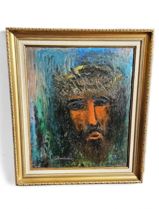 Porträt Christi mit Dornenkrone, Original-Ölgemälde auf Leinwand, signiert.