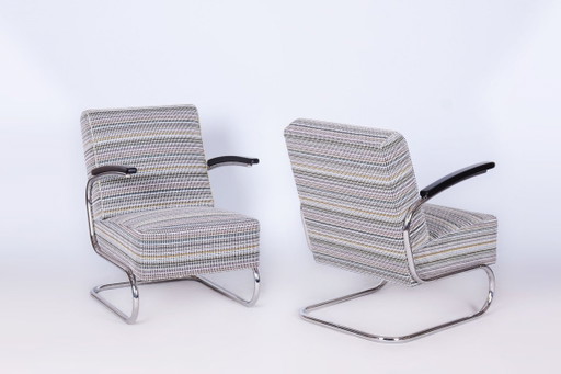 Paire de fauteuils Bauhaus restaurés, par W. Gispen, Mücke-Melder, Tchèque, années 1930 – Textile, Wood