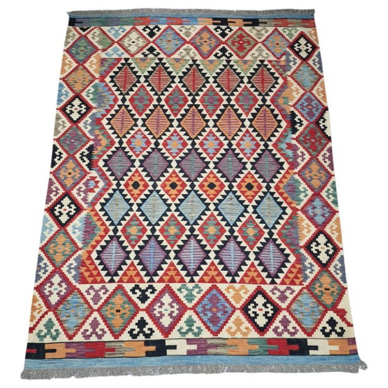 Großer afghanischer Kelim-Teppich – handgewebte Wolle, Maimana-Design (182 x 247 cm) – Teppiche & Läufer, Wool (photo 3 of 6)