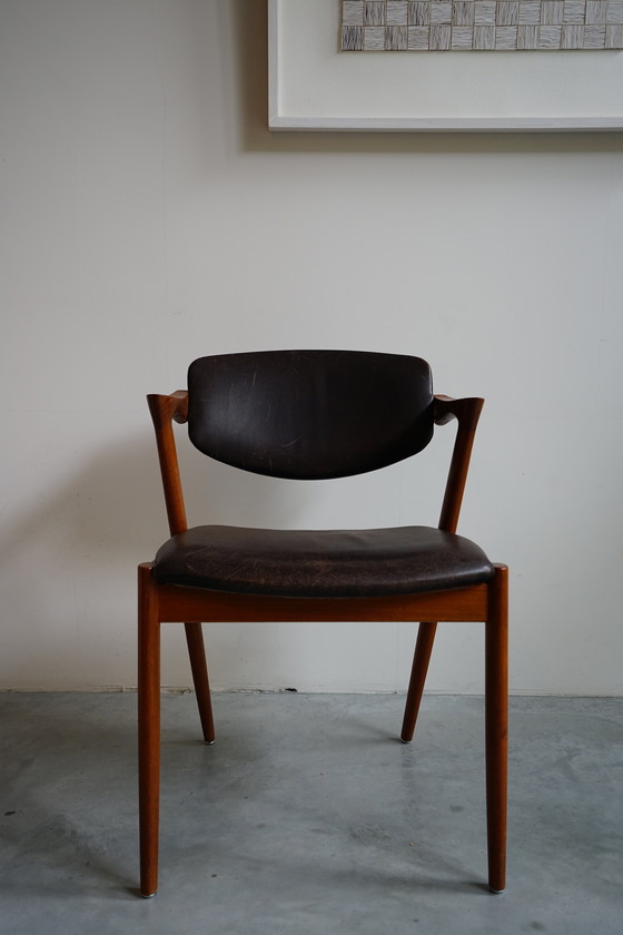 Image 1 of 6 Kai Kristiansen stoelen | Model 42 | Teak Leder patina