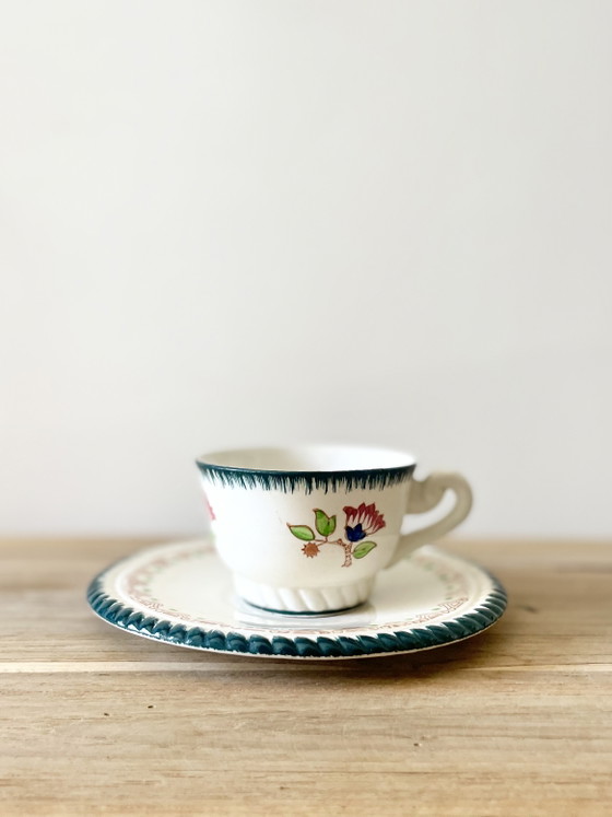 Image 1 of Vintage Longwy Cup Duo x2 · Hand Painted French Faience · Floral Motif · Green Border · Made in France · Mid-Century Pottery