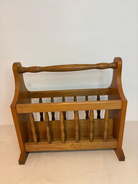 Image 1 of Vintage wooden newspaper rack 47x23x44 cm, turned rungs, carrying handle
