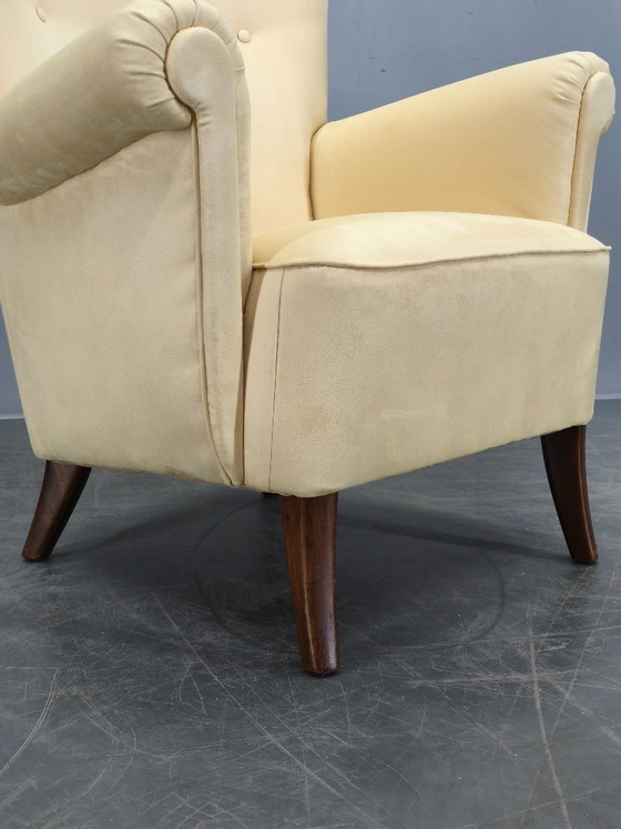 Image 1 of Fauteuil lounge danois à haut dossier des années 1950, récemment retapissé