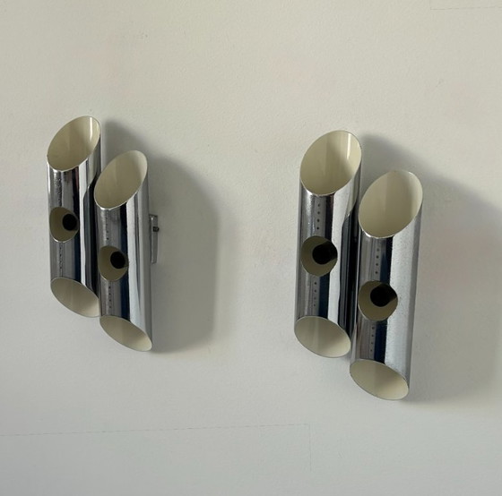 Image 1 of Een paar dubbele wandlampen, verchroomd metaal, Frankrijk, 1960