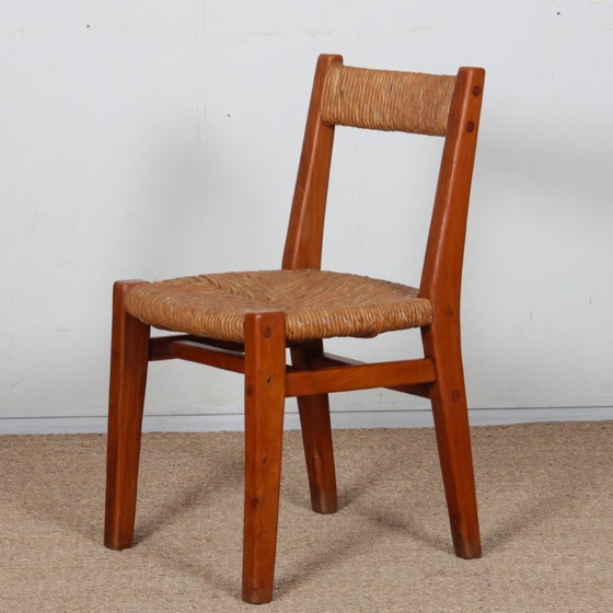 Image 1 of Set of 6 straw-seated chairs in solid elm, French work, 1950