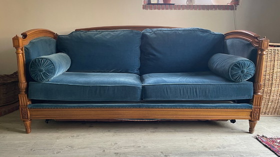 Image 1 of Vintage Jean Roche Wood and Velvet Sofa