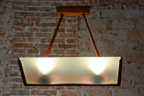 Restored Mid-Century Chandelier, Beech, Milk Glass, Rewired, Czech, 1950s, Pendant lamps, Wood, Brown (photo 8 of 10)