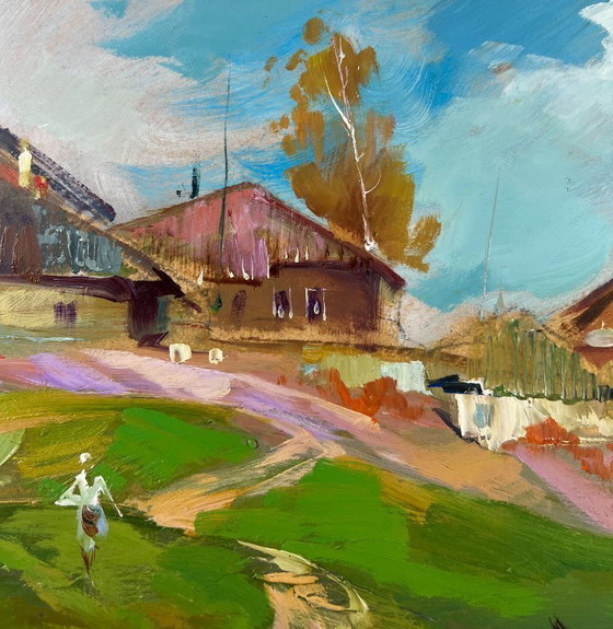 Image 1 of Peinture à l'huile originale représentant un paysage côtier estival et un village avec un ferry.
