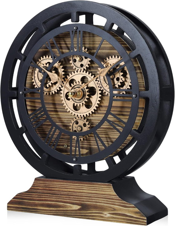 Image 1 of Lafocuse 10 Inch Real Moving Gears Wall Clock with a Detachable Base, 2 in 1 Black Chimney Clocks Wooden Vintage, Farmhouse