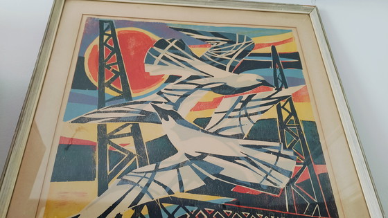 Image 1 of La société Kleurrijk Industriële Vormgeving Houtdruk Gesigneerd 1961 'Meeuwen' (en anglais)