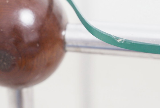 Image 1 of  Atomic MCM Side Table Vintage 1970s Mid Century Modern Space Age Chrome Glass Wood Sphere Joints Molecular Coffee Table 