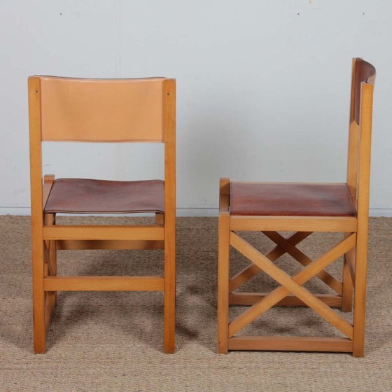 Image 1 of Set of 4 vintage chairs in solid wood and leather, 1980