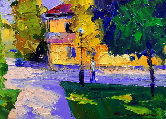 Image 1 of Dipinto ad olio originale, paesaggio urbano, motivo urbano mattutino
