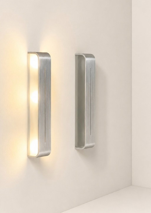 Pair of vintage XL wall lights, brushed metal and glass, France, 1980