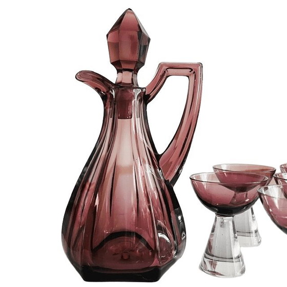 Image 1 of Vintage art deco stijl glazen karaf moerbei paars set van 6 1950's