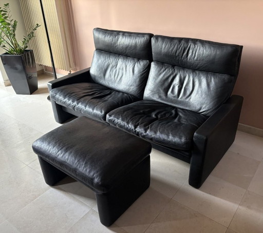 ERPO Manhattan Sofa und Fußhocker aus schwarzem Leder